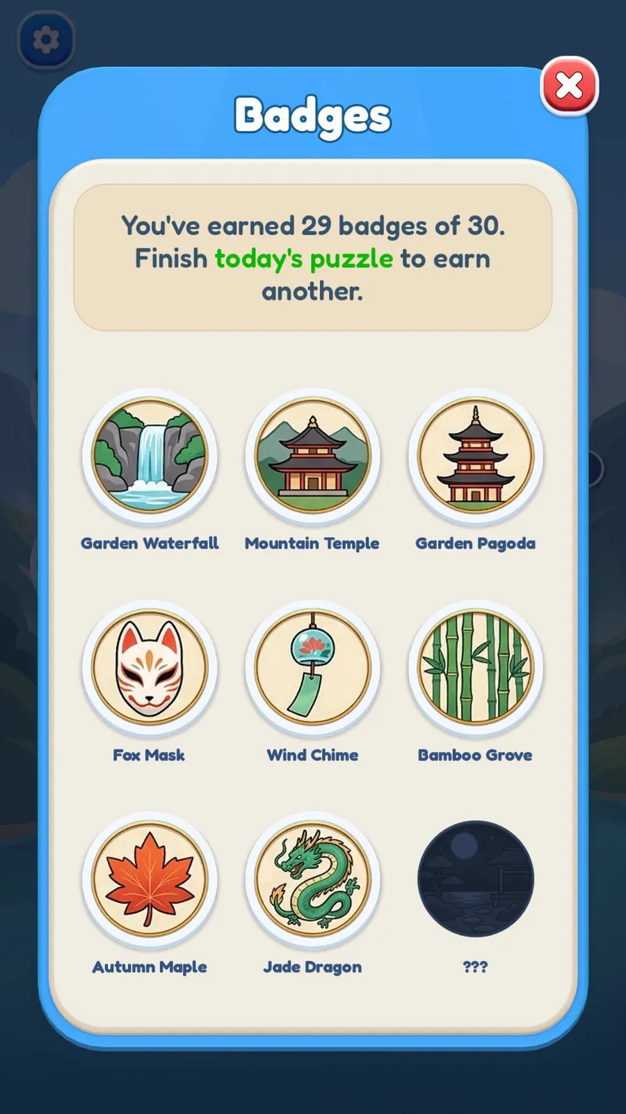 The Badge Collection showing 29 of 30 badges earned, including the Jade Dragon.