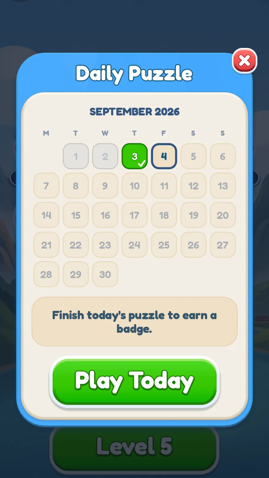 The Daily Puzzle calendar with today's puzzle ready to play.